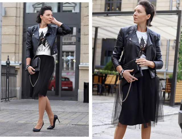 rockowa stylizacja z czarną tiulową sp&oacute;dnicą i ramoneską