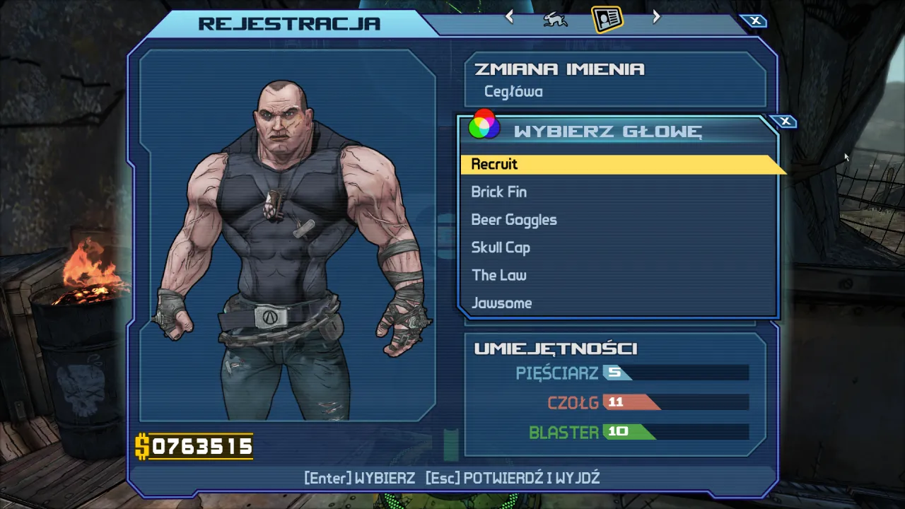 Postać z Borderlands po polsku: Brick w menu wyboru głowy. Widać jego umiejętności i pieniądze.