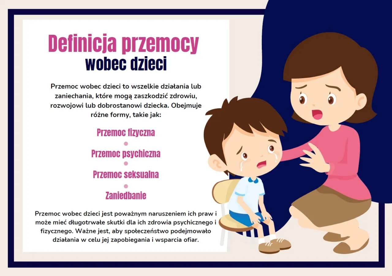 Definicja przemocy wobec dzieci: fizyczna, psychiczna, seksualna i zaniedbanie. Obraz pokazuje smutnego chłopca i troskliwą kobietę, symbolizując co to jest bullying w szkole.