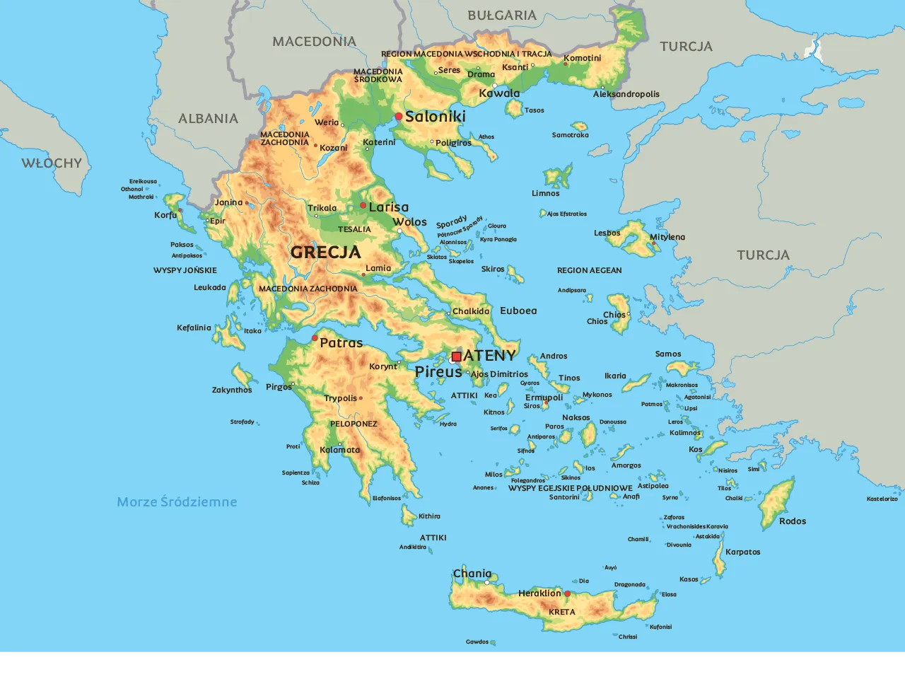 Mapa Grecji kontynentalnej z zaznaczonymi Atenami, Meteorami, Delfami, Peloponezem