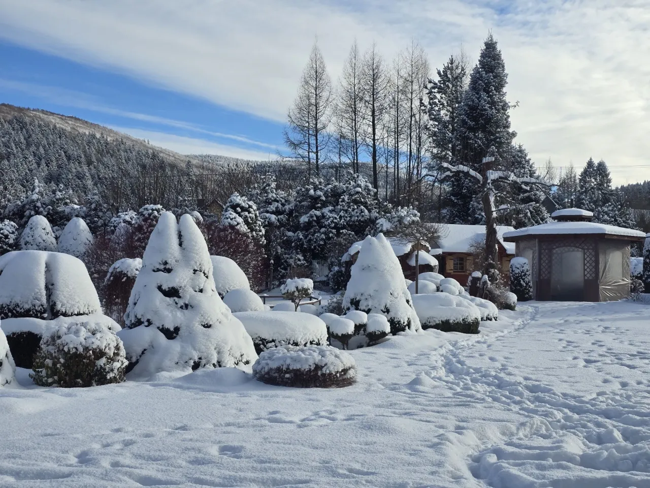 Zimowy ogr&oacute;d z altaną i domkiem, idealne miejsce na babia g&oacute;ra gdzie nocleg. Śnieg pokrywa krzewy i drzewa, tworząc bajkowy krajobraz.
