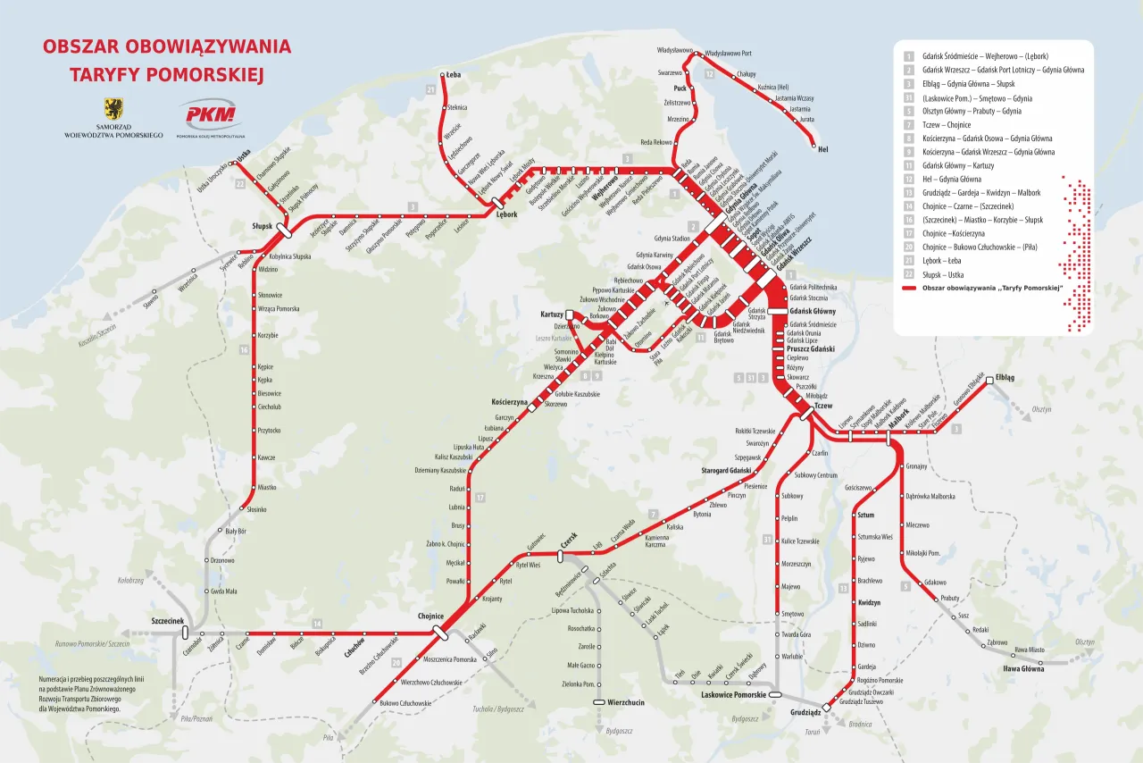 Mapa pokazuje do jakich miast nad morzem można dojechać pociągiem PKM: Hel, Władysławowo, Puck, Gdańsk, Sopot, Gdynia, Ustka, Łeba.