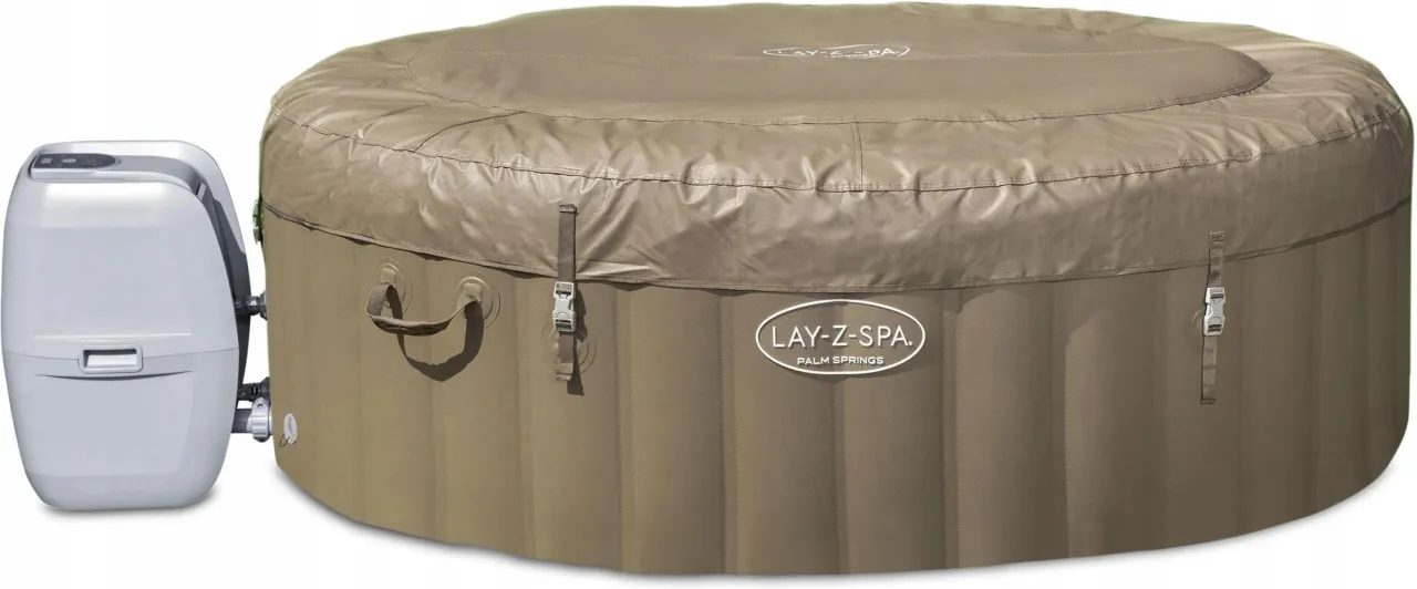 Nadmuchiwane jacuzzi Lay-Z-Spa Palm Springs w kolorze brązowym, z dołączoną pompą i panelem sterowania.