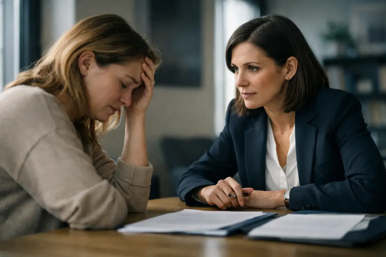Kobieta w biurze, zmartwiona, rozmawia z prawniczką o oświadczeniu o odrzuceniu spadku.