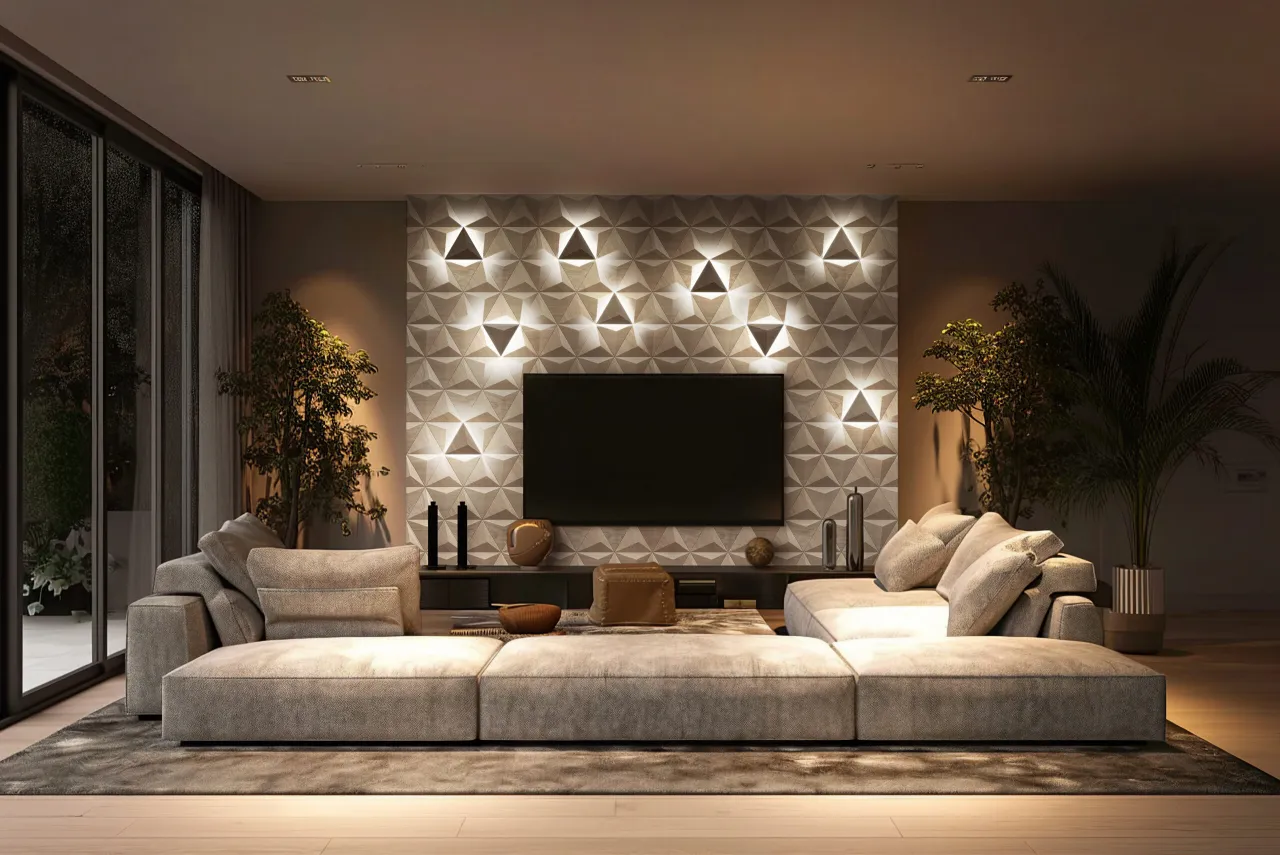 Nowoczesny salon z dobrze oświetlonymi strefami