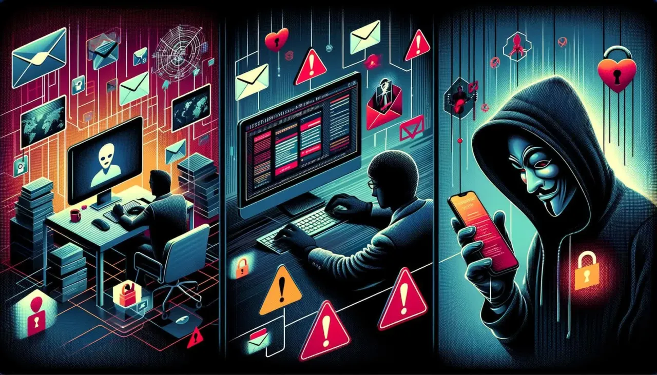 Cyberprzestępca w masce Guya Fawkesa planuje wyłudzenie danych osobowych przez telefon, otoczony symbolami zagrożeń i blokad.