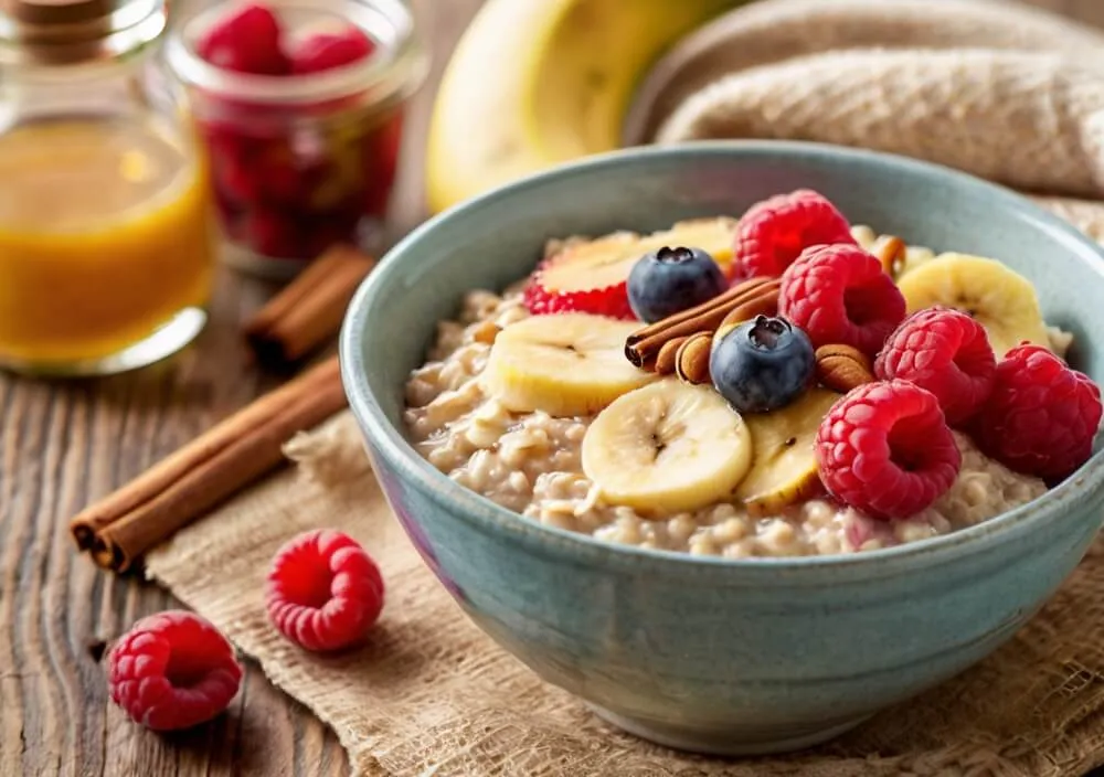 bezglutenowa owsianka z owocami, kolorowe śniadanie na słodko