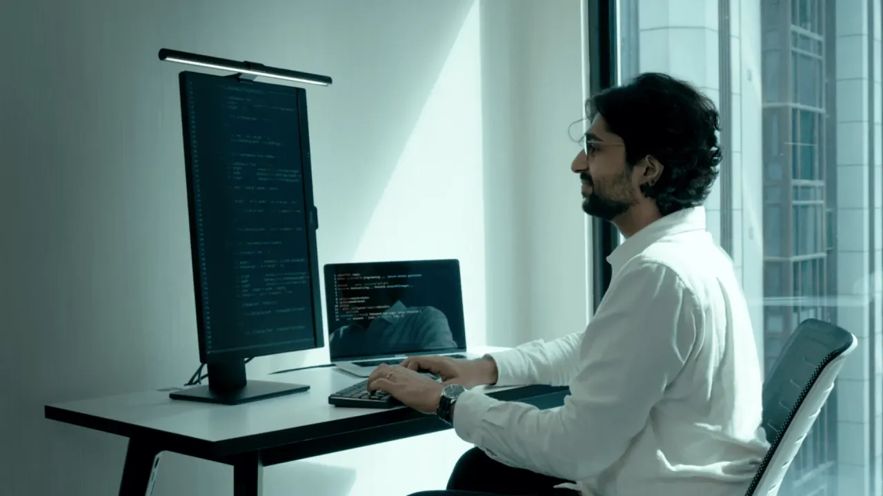 Stanowisko pracy programisty z monitorem PIVOT