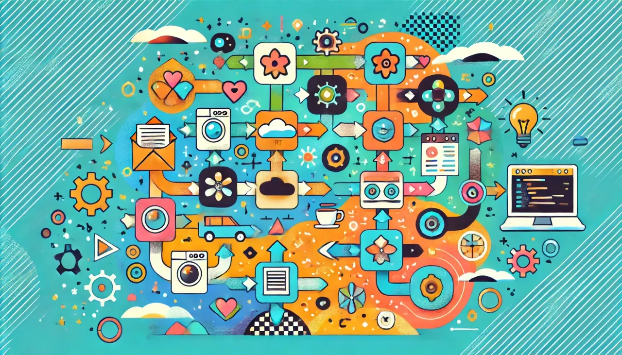 Kolorowy schemat blokowy ilustruje, jak działa algorytm co to: od poczty i pralki po chmurę i kod na laptopie.