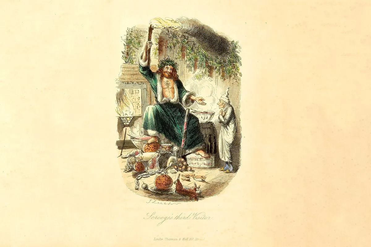 Duch Przyszłych Wigilii, autor opowieści wigilijnej, ukazuje Scrooge'owi obfitość świątecznych przysmaków.