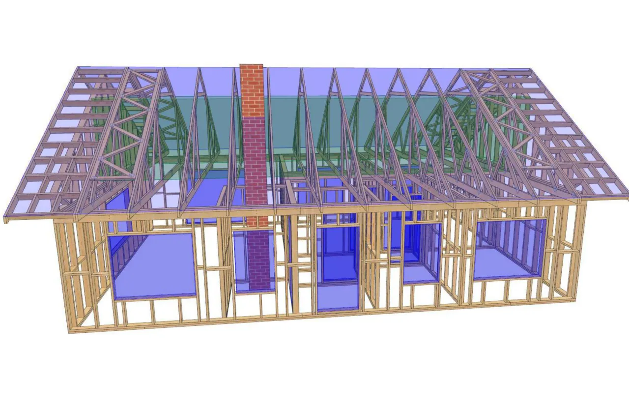 Widok przekroju domu szkieletowego z widoczną drewnianą konstrukcją ścian, dachu i kominem.