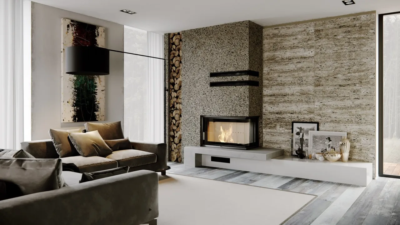 Komin w salonie industrialnym i rustykalnym