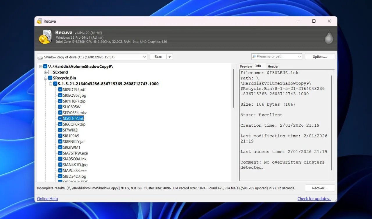interfejs programu Recuva