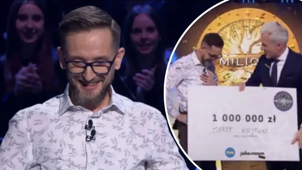 Marek Wojtun w odcinku Milionerzy, w kt&oacute;rym wygrał milion złotych. Uśmiechnięty uczestnik i prowadzący z czekiem.