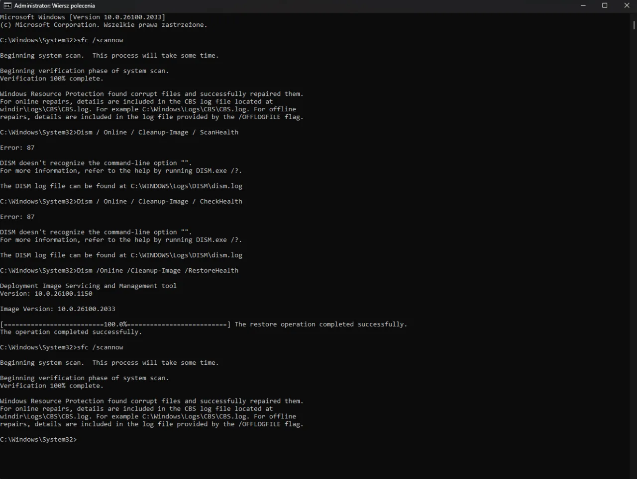 Wyniki skanowania sfc i DISM. Narzędzie scannow wykryło i naprawiło uszkodzone pliki. Operacja przywracania zakończona pomyślnie.