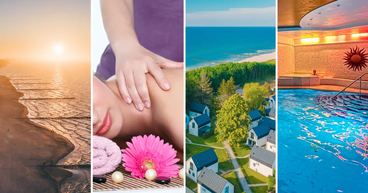 Rodzinne wakacje z dzieckiem nad morzem: zachód słońca na plaży, masaż, domki nad morzem i basen.