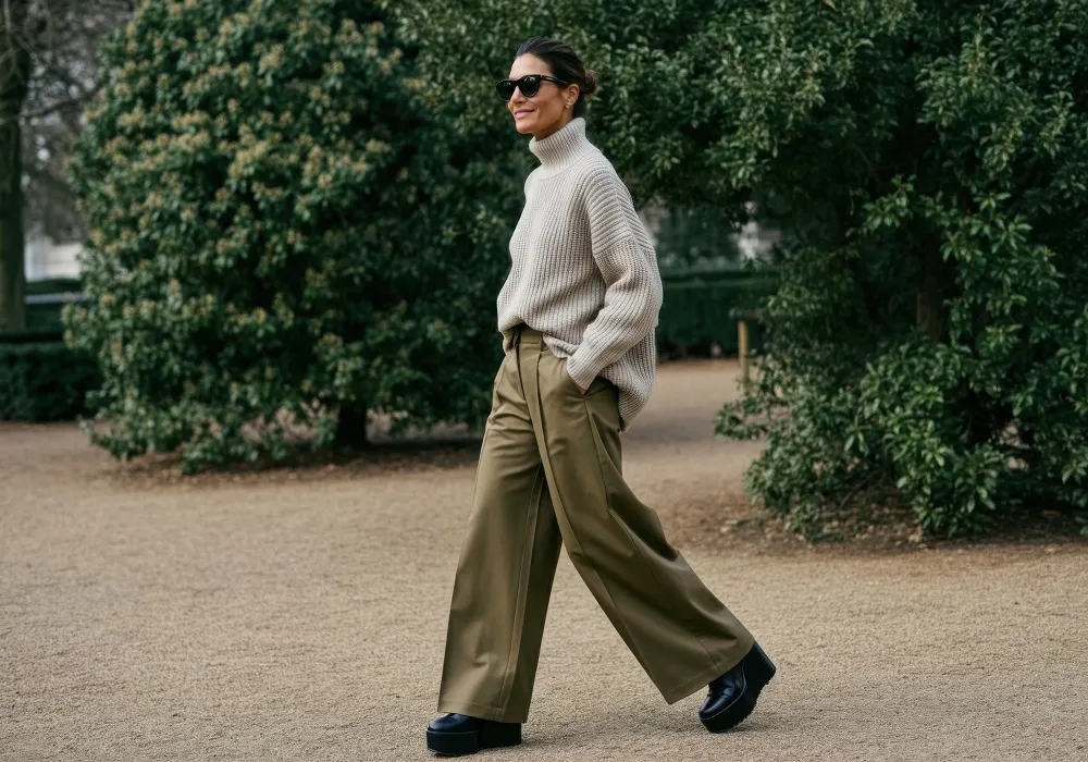Stylizacje z szerokimi spodniami i dopasowaną górą