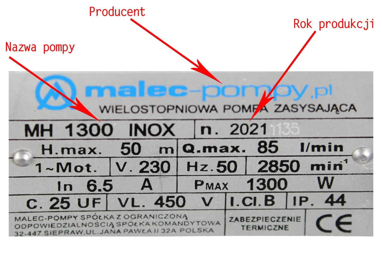 Tabliczka znamionowa pompy głębinowej