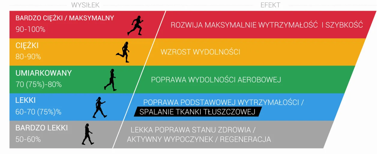 Schemat pokazuje poziomy wysiłku i ich efekty: od maksymalnego tętna aerobowego i beztlenowego, przez wzrost wydolności, po spalanie tkanki tłuszczowej i regenerację.