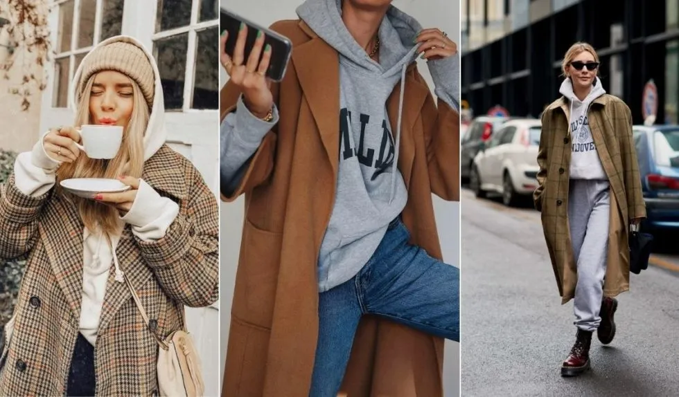 stylizacje z bluzą hoodie, hoodie z płaszczem, hoodie z jeansami, hoodie ze sp&oacute;dnicą