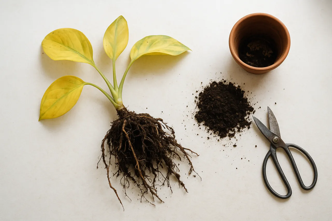 roślina z przelanymi korzeniami