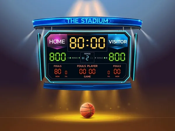 NBA scoreboard, basketball game action, dynamic sports photography