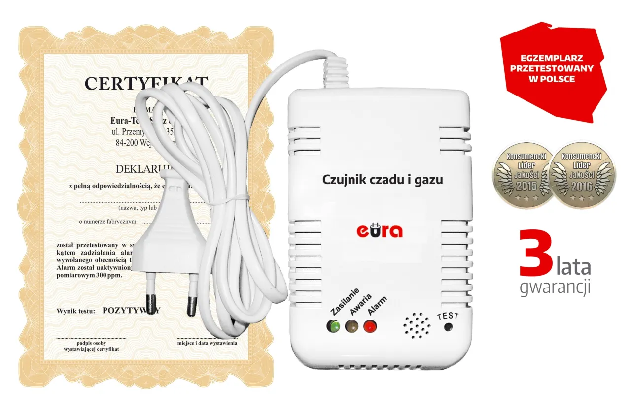 Certyfikat potwierdza, że czujnik czadu i gazu wykrywa gaz. Urządzenie z 3-letnią gwarancją.