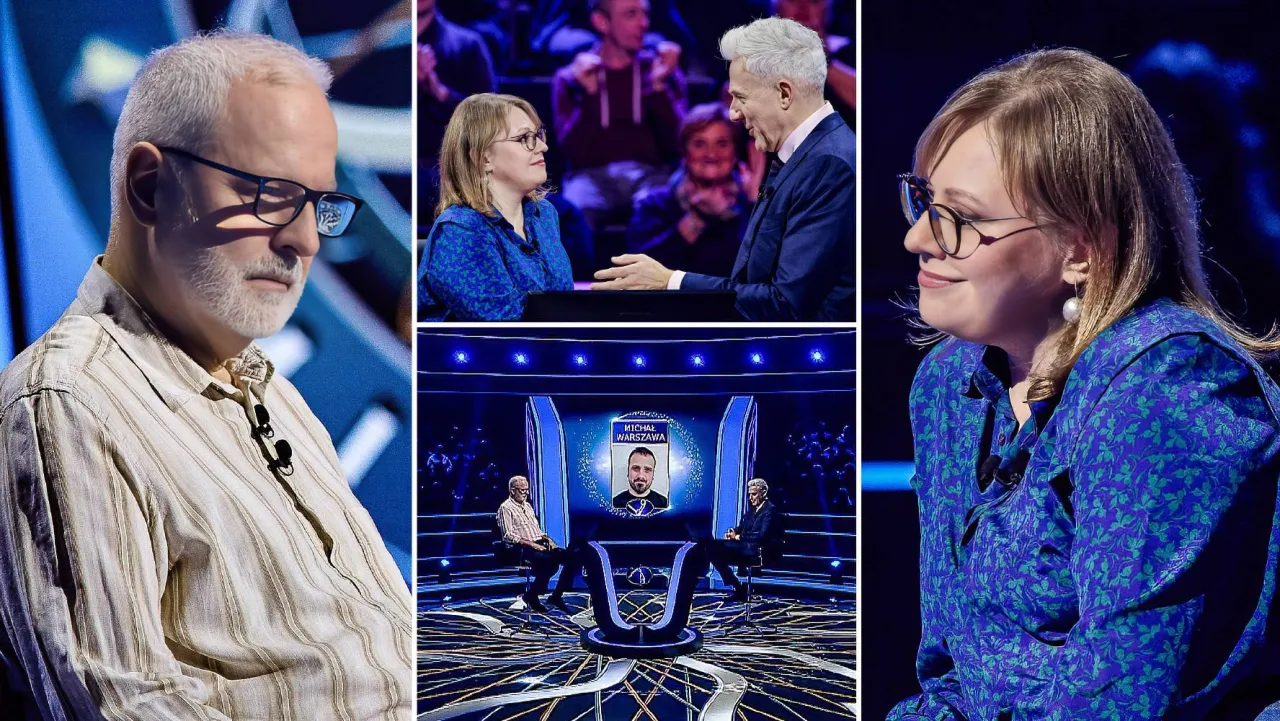 Milionerzy: nowa edycja z nowymi emocjami. Uczestniczka w niebieskiej sukience i prowadzący w garniturze.