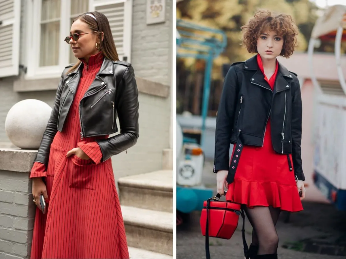 czerwona sukienka z żakietem i ramoneską