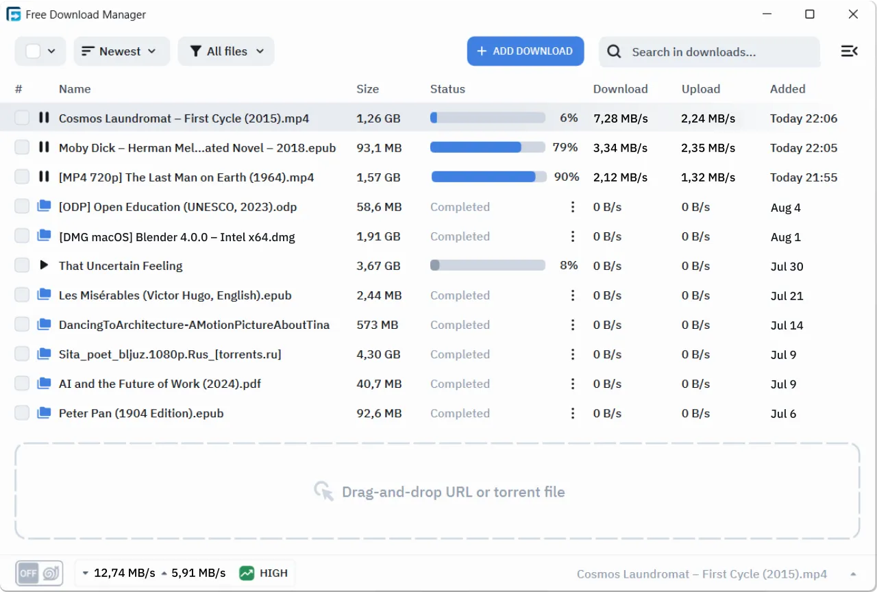 Free Download Manager interfejs, akcelerator pobierania