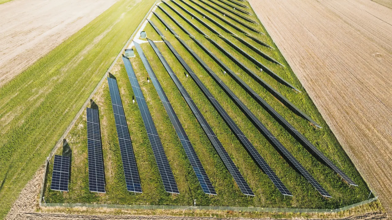 Panele słoneczne na zielonej łące, obok pola zboża. Kto płaci podatek od dzierżawy gruntu pod farmę fotowoltaiczną?