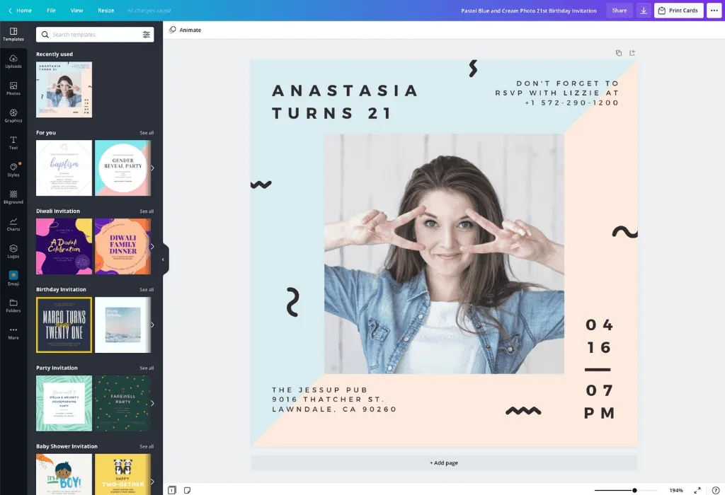 projektowanie zaproszenia urodzinowego w programie Canva