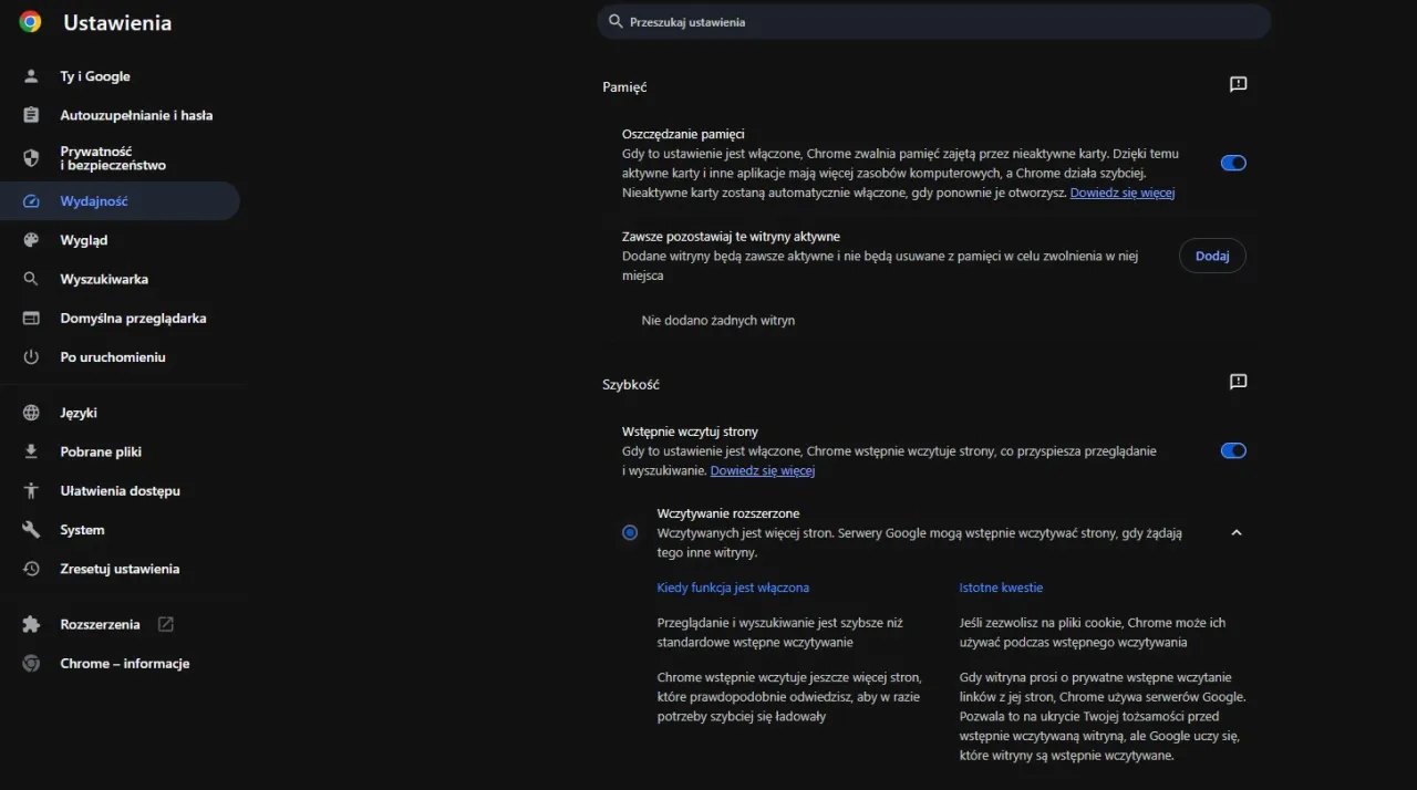 Ustawienia wydajności przeglądarki Google Chrome. Optymalizacja pamięci i szybkości wczytywania stron.