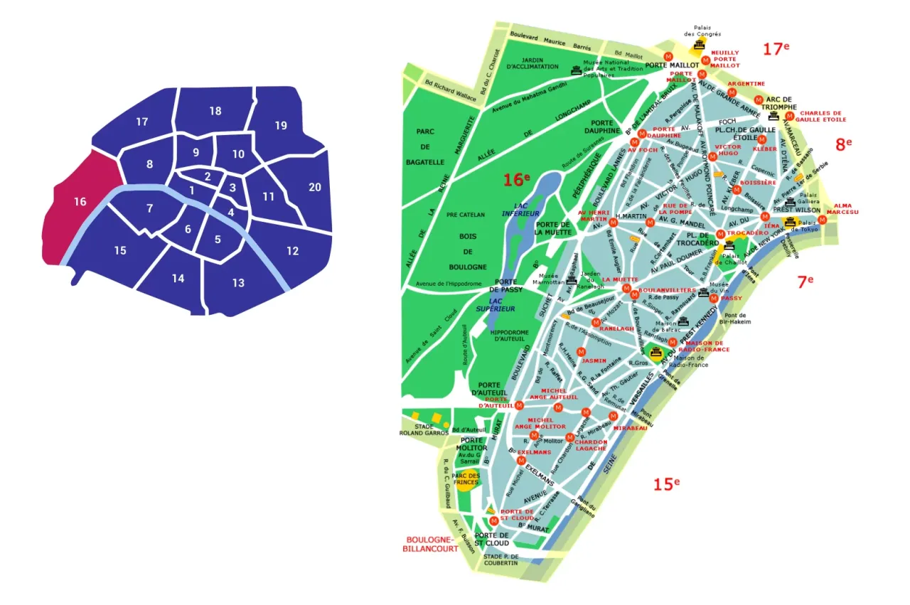 Mapa Paryża z zaznaczonym 16. dzielnicą. Szukasz, gdzie najlepiej nocować w Paryżu? Dzielnica 16. to elegancka opcja.