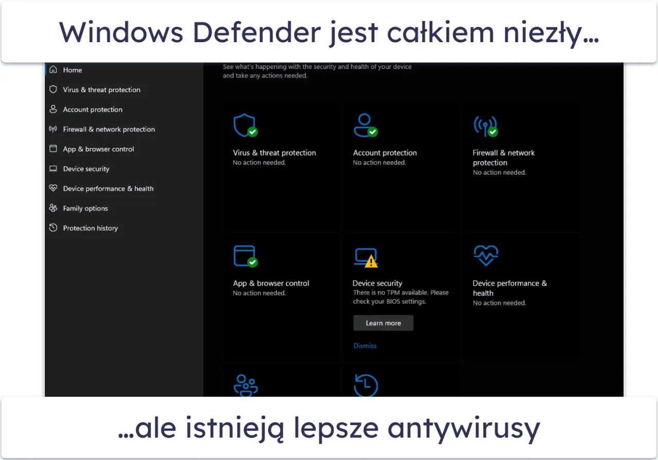 Windows Defender to wbudowany antywirus w Windows 11. Ekran pokazuje jego główne funkcje: ochronę przed wirusami, kontem, siecią, aplikacjami i przeglądarką.