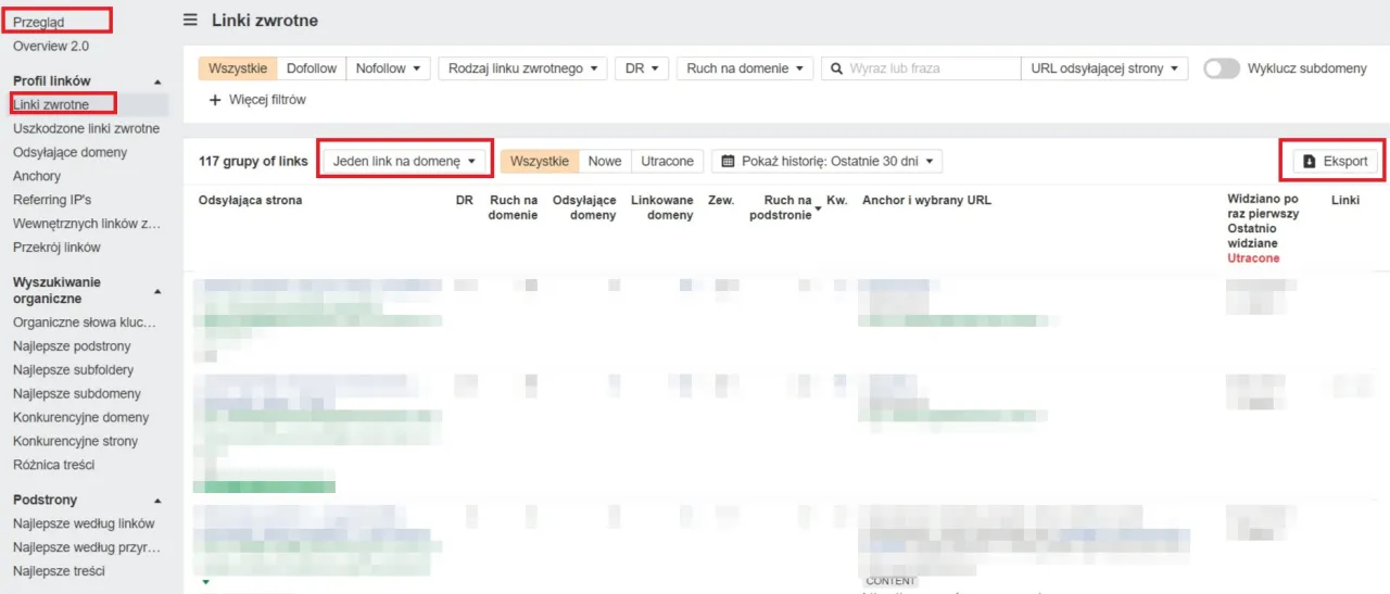 Panel analizy link&oacute;w zwrotnych, z opcją filtrowania 