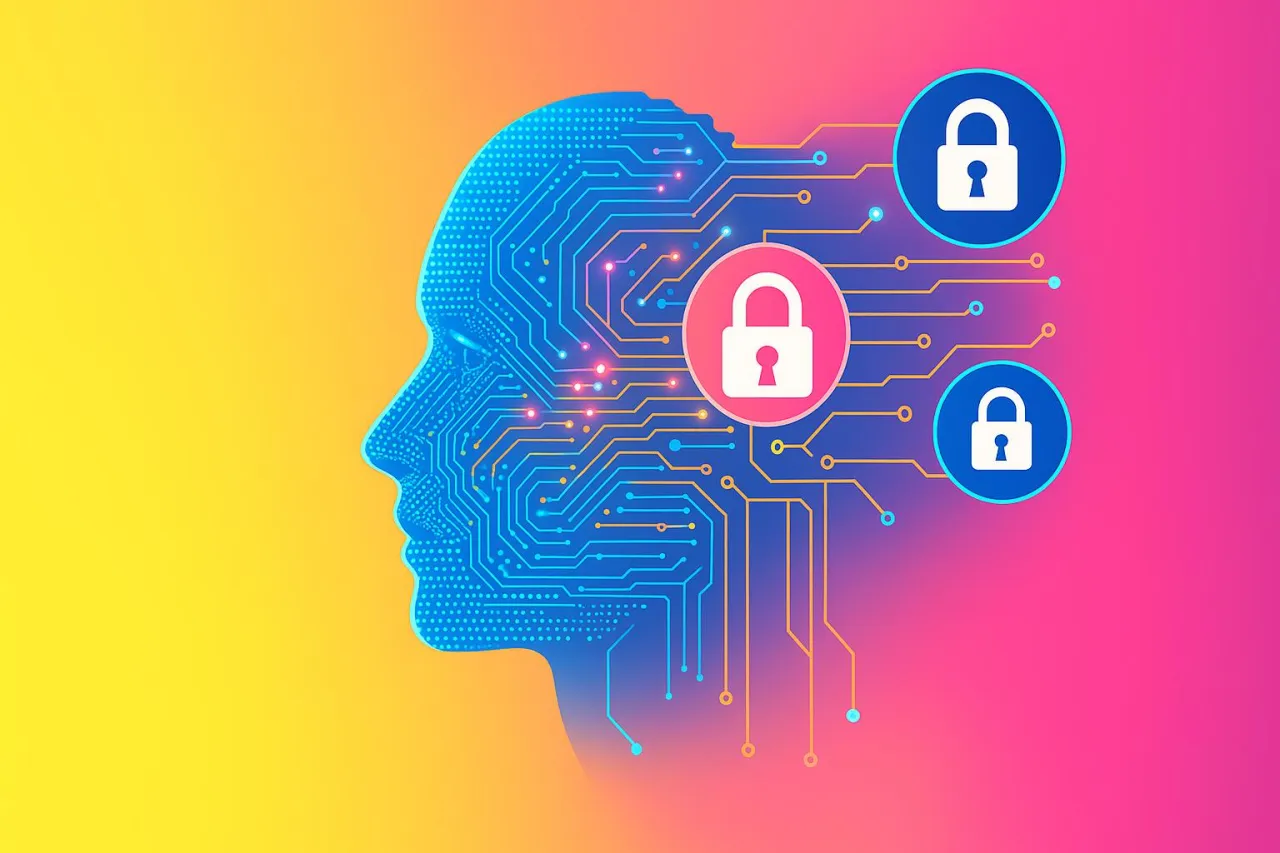 Cyfrowa głowa z obwodami drukowanymi, symbolizująca sztuczną inteligencję, z trzema ikonami kł&oacute;dek, wskazującymi na potencjalny wektor ataku na systemy bezpieczeństwa.