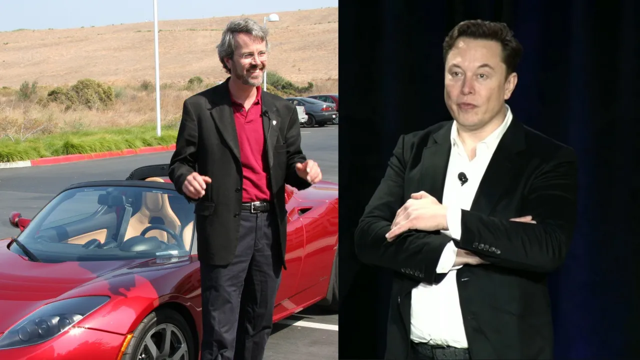 Martin Eberhard obok czerwonego roadstera Tesla. Obok Elon Musk. Kto jest właścicielem Tesli?