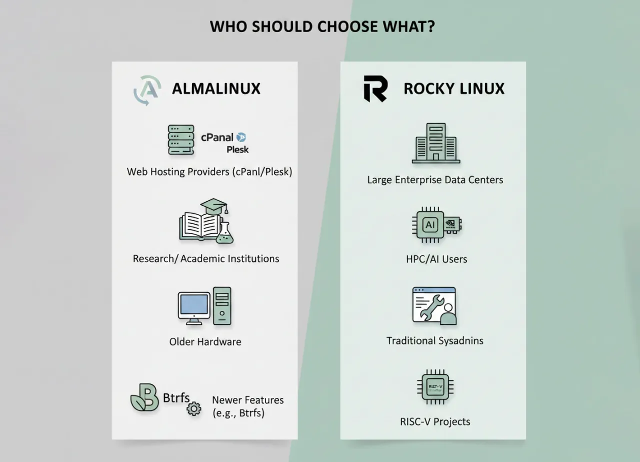 Porównanie AlmaLinux i Rocky Linux: AlmaLinux dla hostingu, edukacji i starszego sprzętu. Rocky Linux dla dużych centrów danych, HPC/AI, tradycyjnych administratorów i projektów RISC-V.