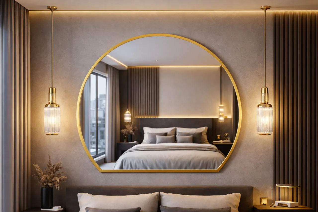 Złote lustro na ciemnej ścianie inspiracje