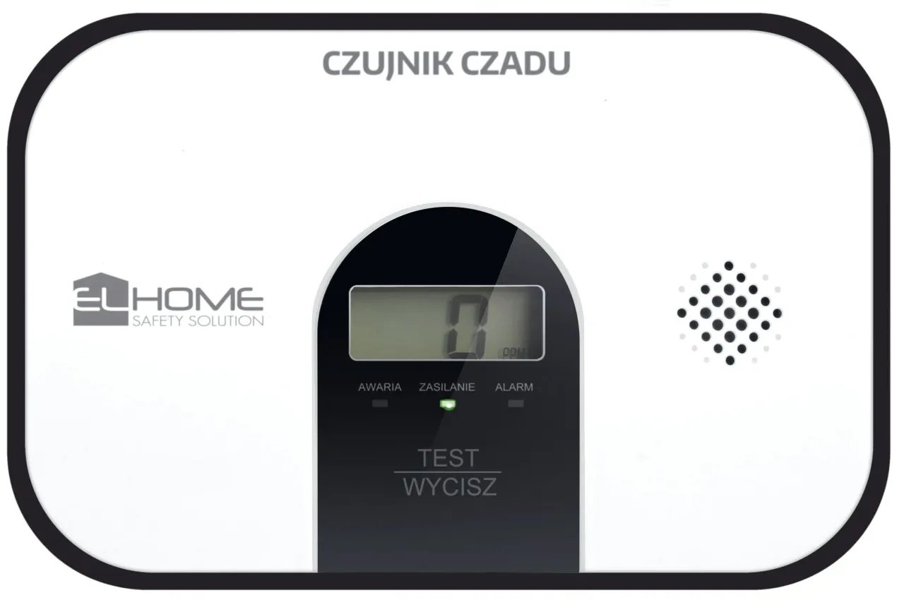 Czujnik czadu z wyświetlaczem pokazuje 0 PPM, co oznacza brak zagrożenia. Wskaźnik zasilania świeci na zielono.