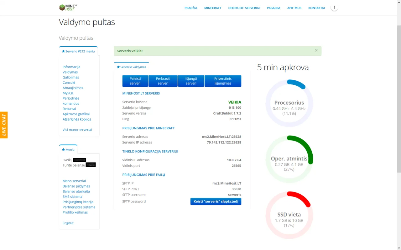 Minecraft server hosting control panel example