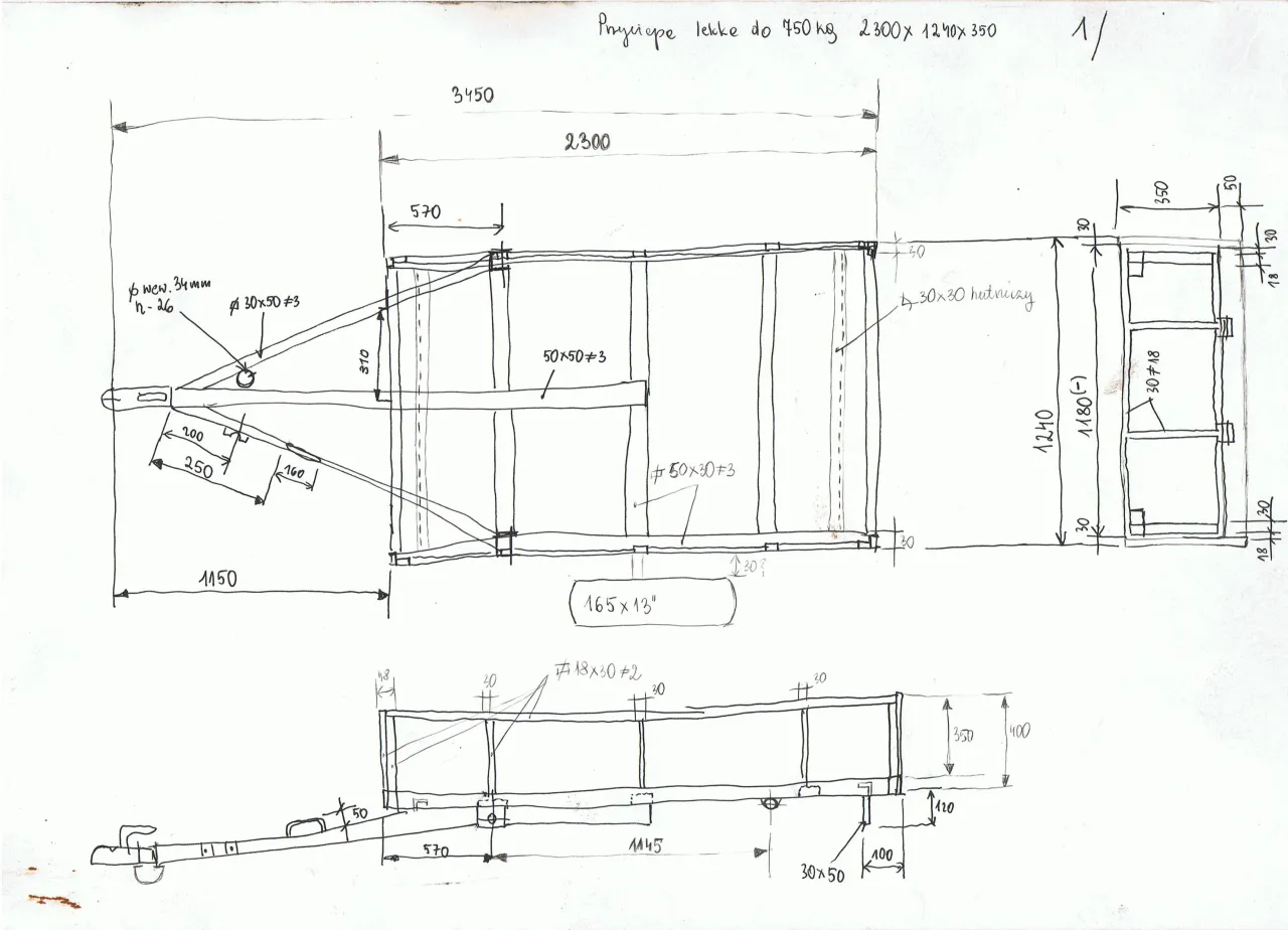 Szkic techniczny przyczepki do glebogryzarki. Wymiary i detale konstrukcyjne pokazują, jak zrobic przyczepkę do glebogryzarki o ładowności 450 kg.