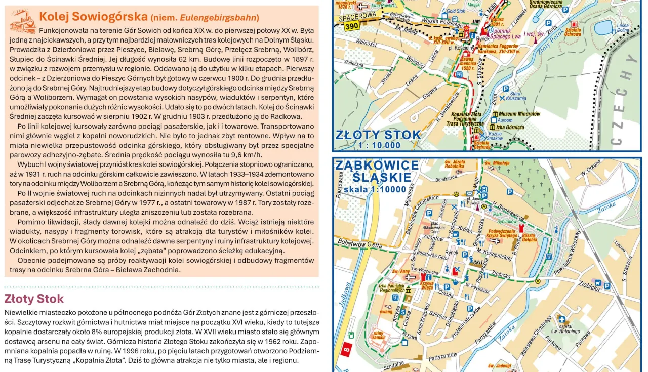Mapa turystyczna G&oacute;r Sowich z zaznaczonymi atrakcjami, w tym rezerwat przyrody cisowa, Złoty Stok i Ząbkowice Śląskie.