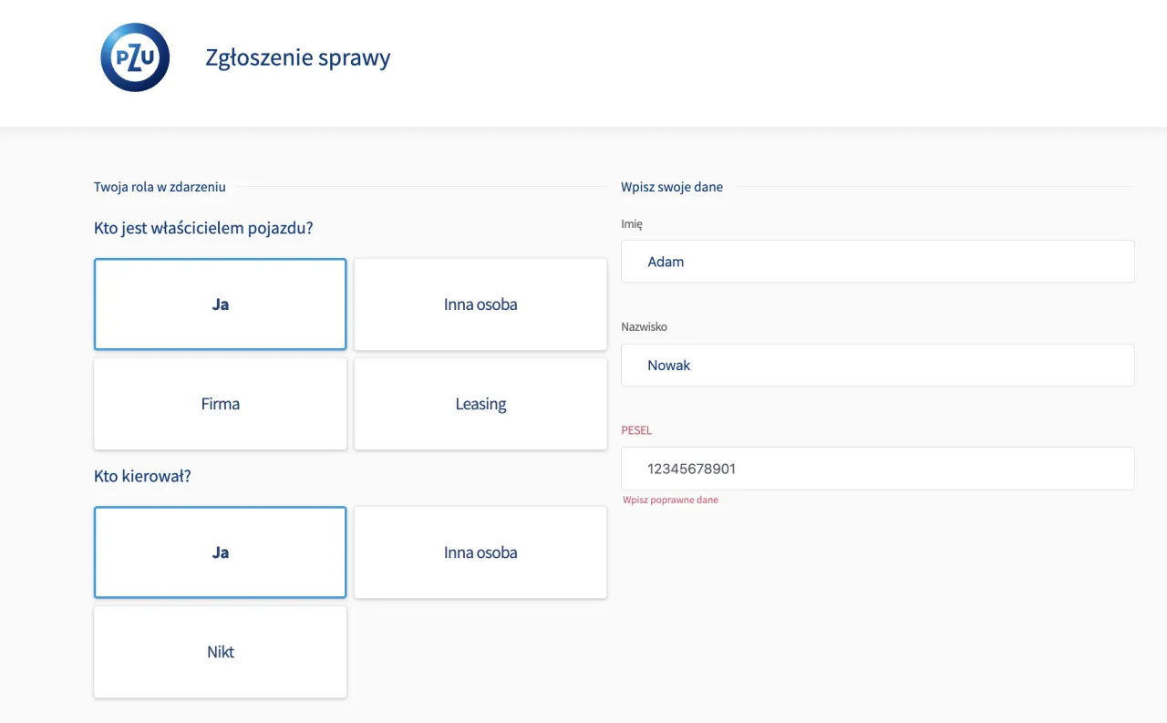 Formularz PZU: jak zgłosić szkodę. Wybierz swoją rolę i wpisz dane: imię Adam, nazwisko Nowak, PESEL.