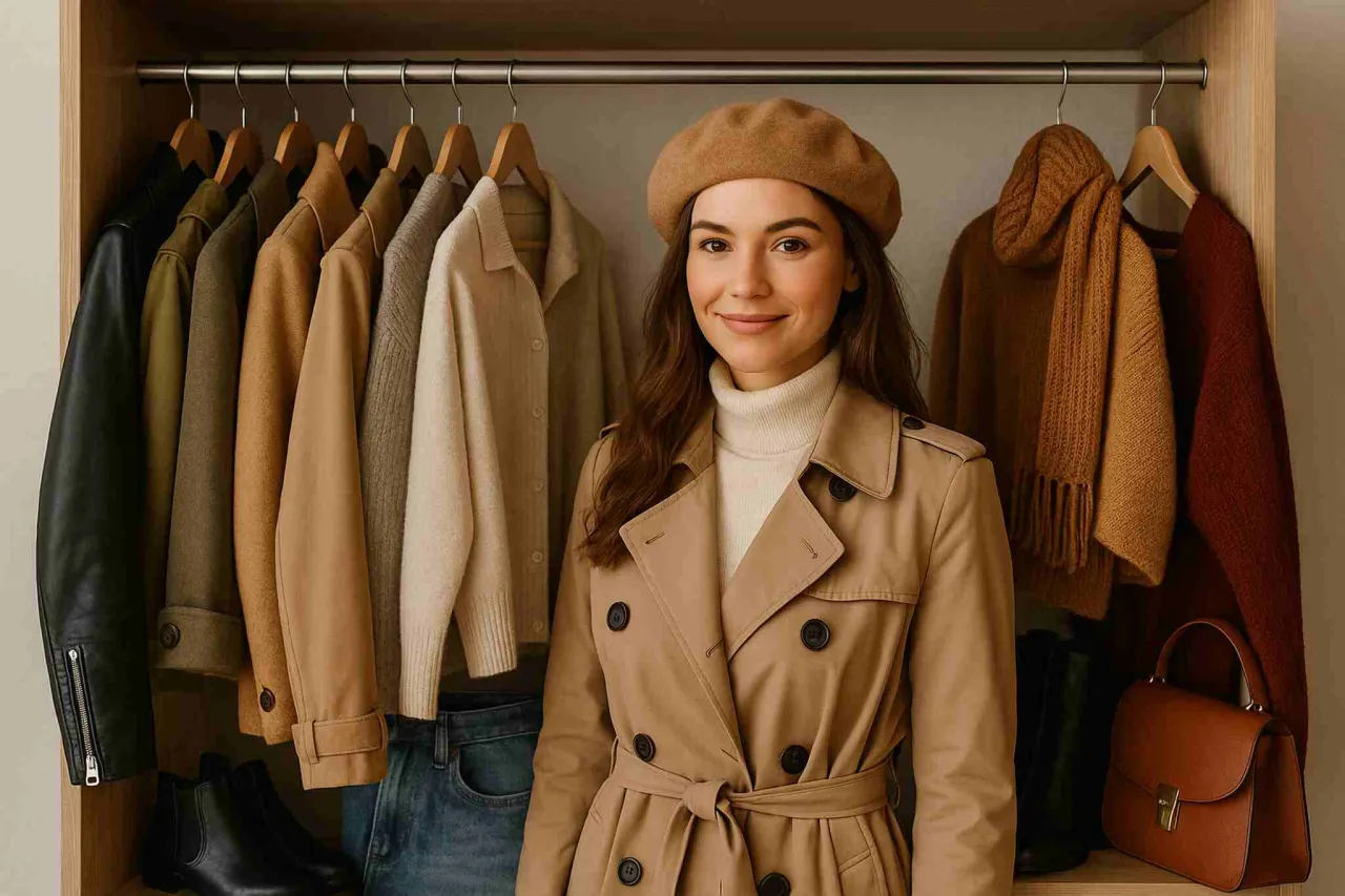 Kobieta w beżowym prochowcu i beretce przed szafą pełną eleganckich stylizacji damskich. Wieszaki uginają się pod ciężarem płaszczy, swetrów i szalików.