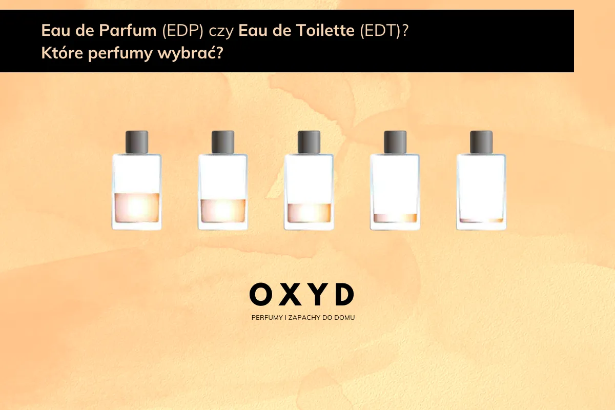 Pięć buteleczek perfum, od lewej: woda perfumowana (EDP) czy woda toaletowa (EDT)? Wybierz swój zapach.