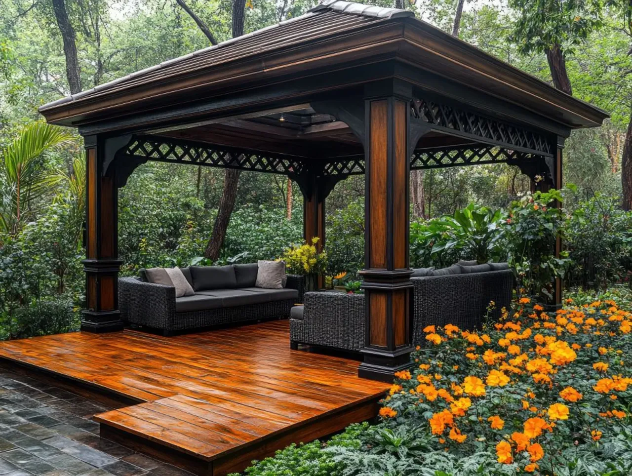 Elegancka altana z meblami wypoczynkowymi i kwitnącymi pomarańczowymi kwiatami. Wspaniałe co na ściany w altanie - ażurowe zdobienia.