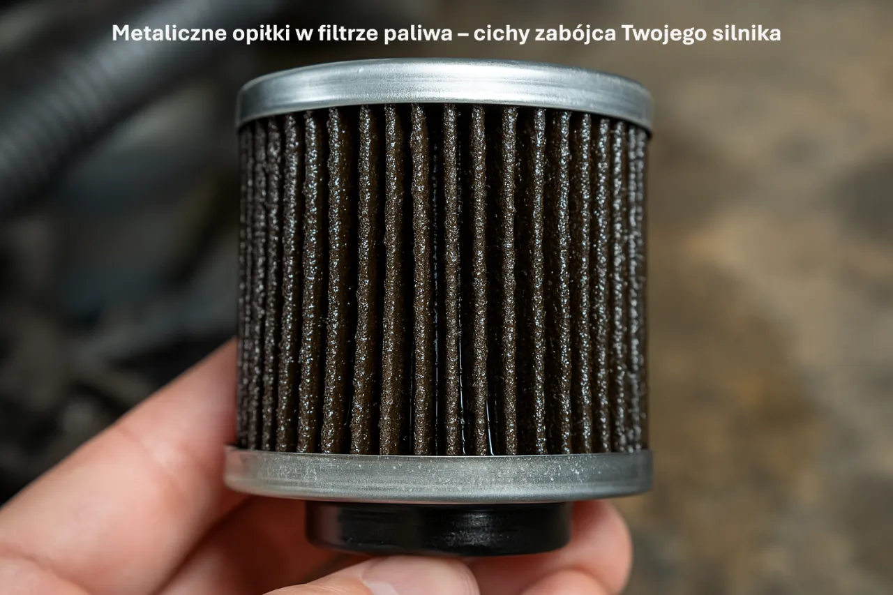 Metaliczne opiłki w filtrze paliwa – cichy zabójca Twojego silnika. Widoczny brudny filtr z metalowymi zanieczyszczeniami.