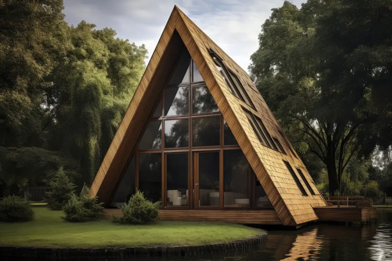 Drewniany dom w kształcie litery A nad wodą. Chcesz wiedzieć, ile drewna na dom szkieletowy? Kalkulator pomoże Ci oszacować!